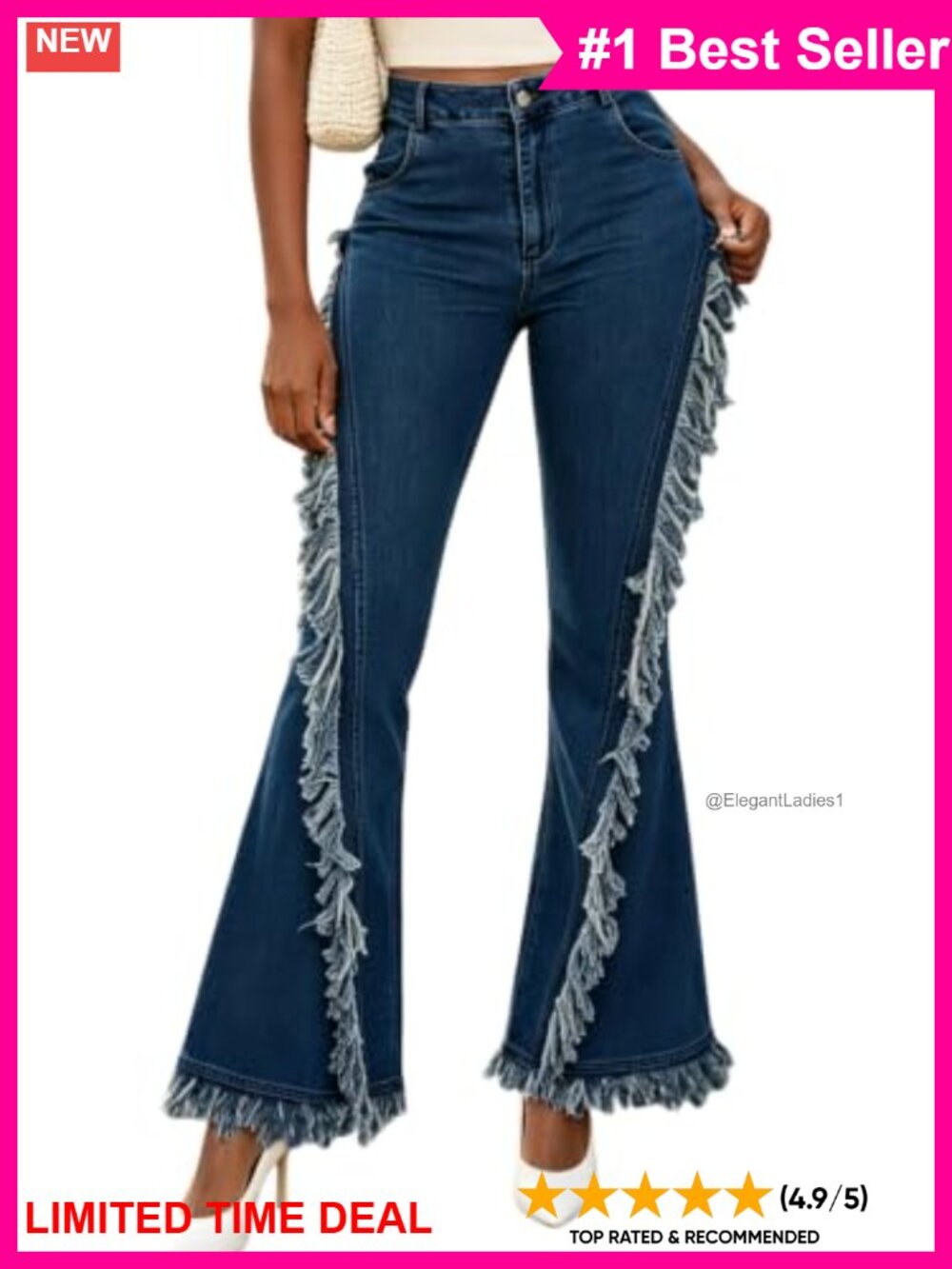 High Waisted Flare Jeans Bell Bottom Ripped Fringe Hem Y2K Retro